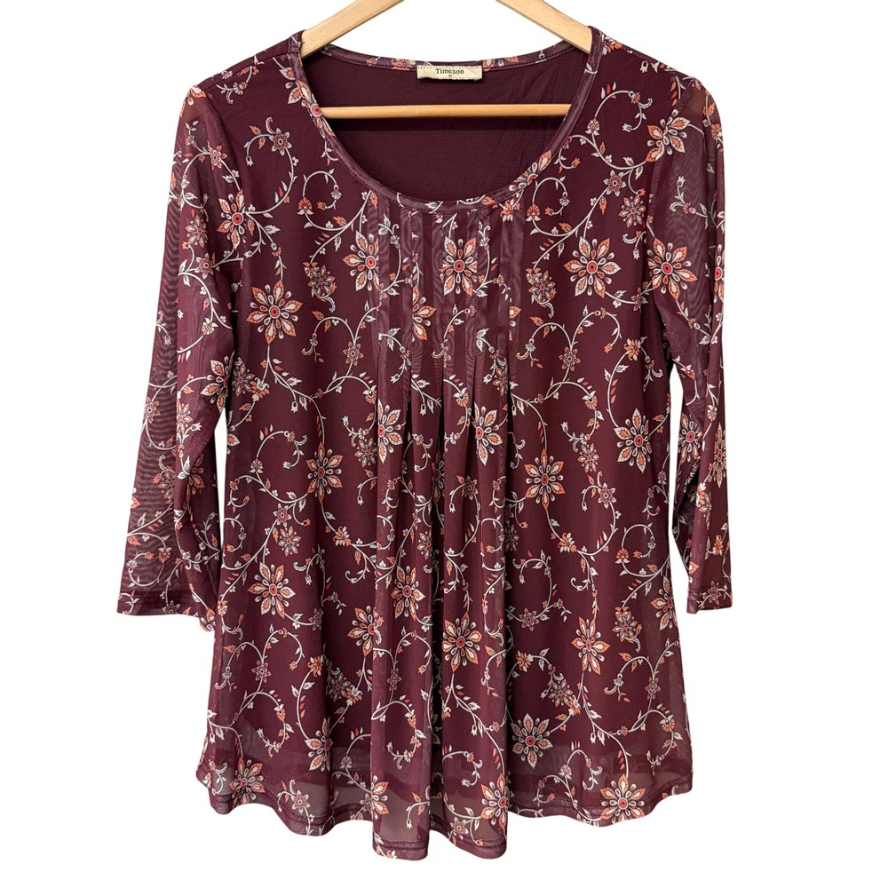 Bohemian Burgundy Floral Pleated Mesh Overlay Top Blouse Size Medium 3/4 Sleeve